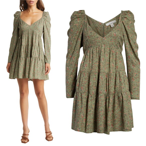 Fourteenth Place | Una Olive Green Floral Tiered Long Sleeve Mini Dress - Picture 1 of 12